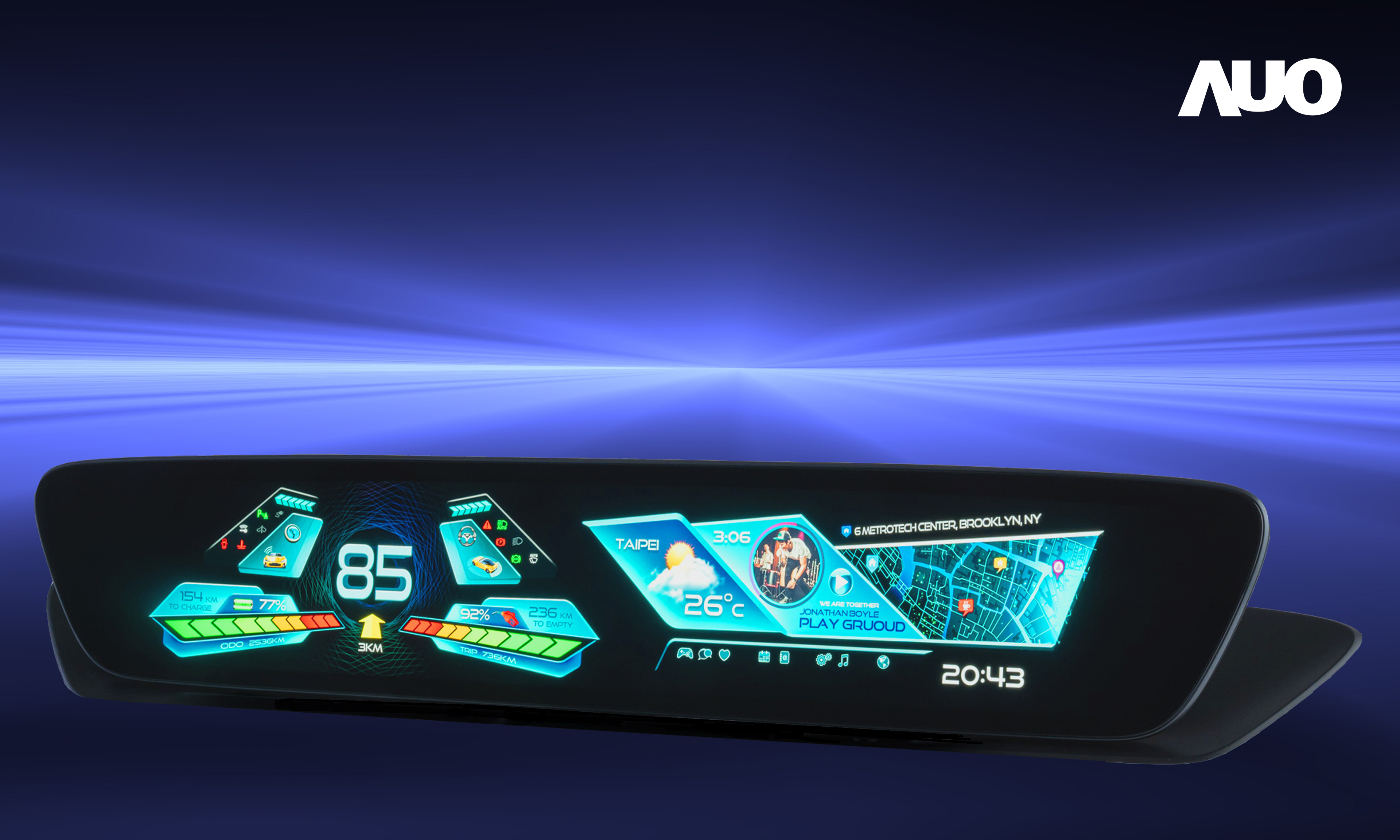 友達30.4吋異形曲面AmLED車載顯示系統，為一兼具儀表板及中控台人機介面的創新車載顯示系統，結合美學設計，提升車內科技沉浸感及使用體驗，讓車載顯示的未來應用更加多元化