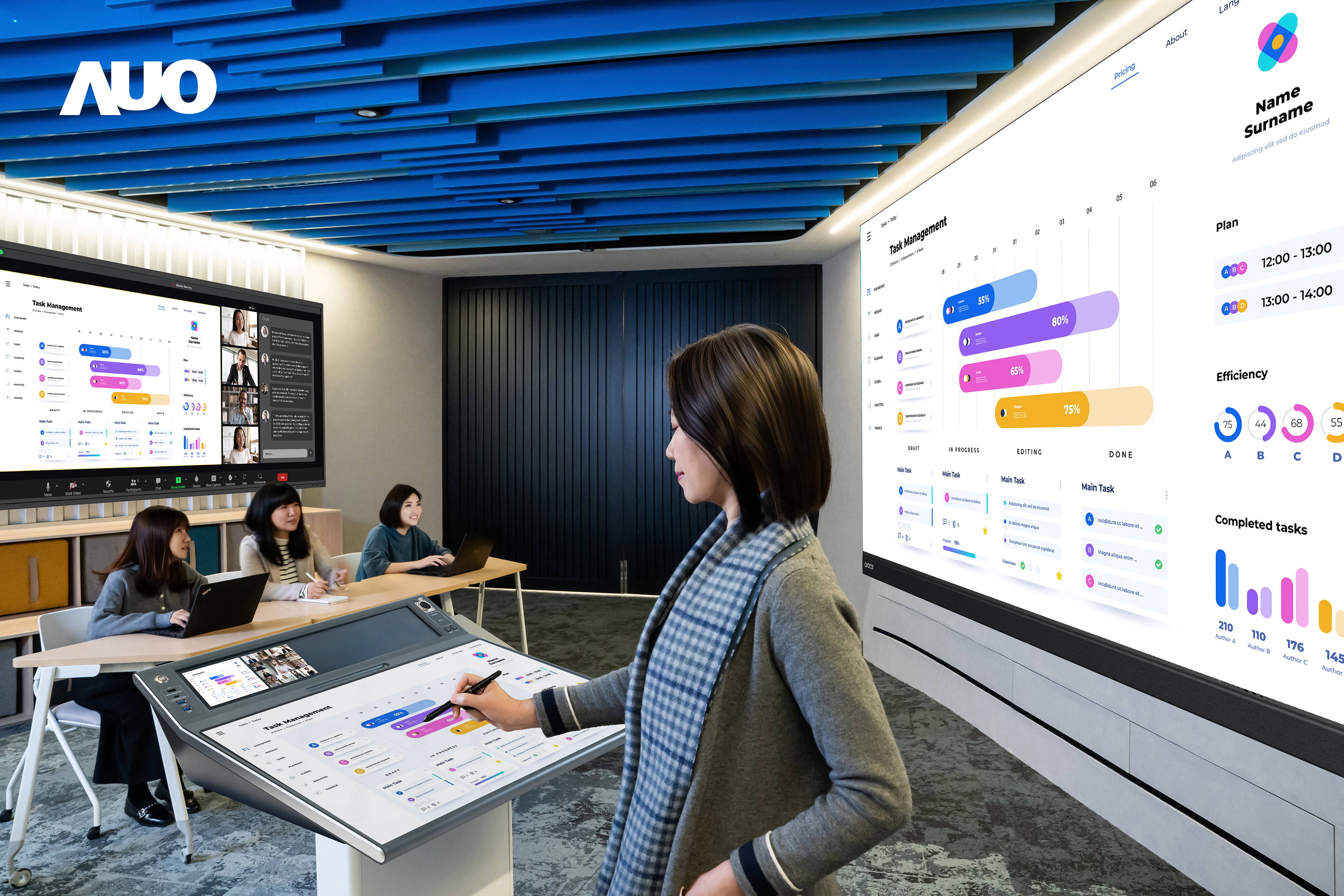 达擎携手Avocor与Rise Vision展示全方位商务领域应用，包含采用模块化设计的138吋一体式All-in-One LED显示器及具21:9超宽比例的92吋交互式电子白板（IFPD），讲者可轻松分享内容，有效提升会议协作效率。